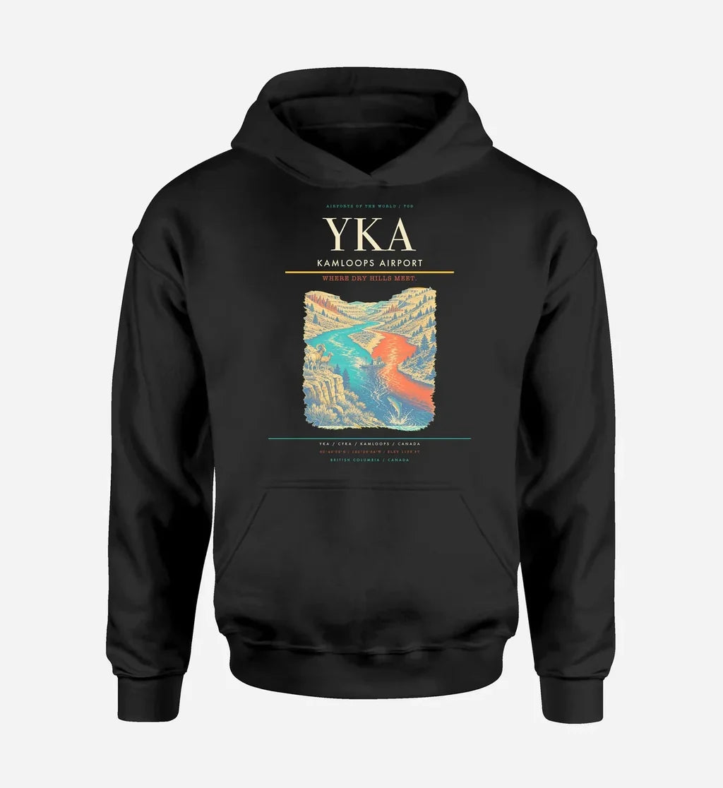 Kamloops Airport (YKA) design on black hoodie single-side print
