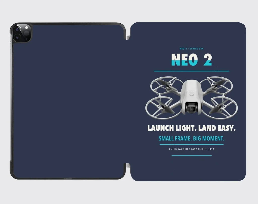 DJI Neo 2 design on navy blue ipad tablet case