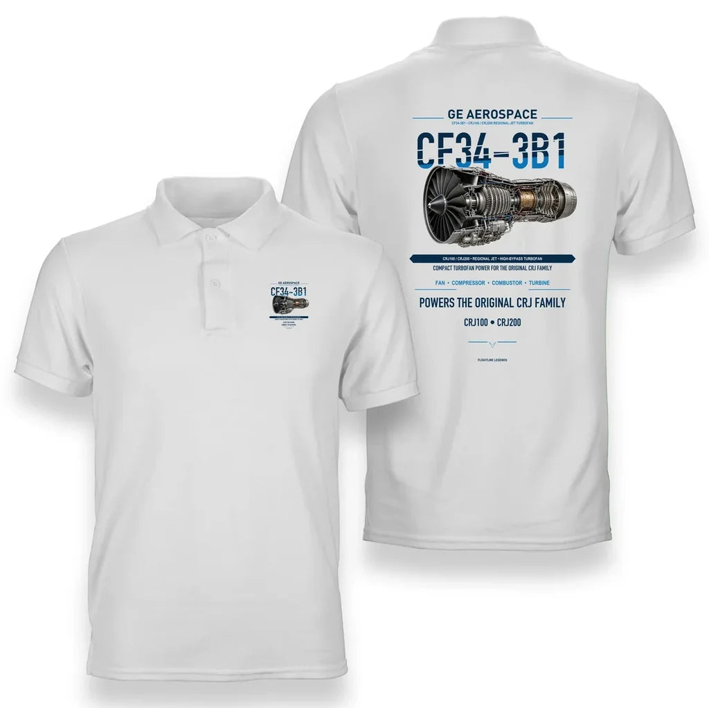 CF34-3B1 design on white polo