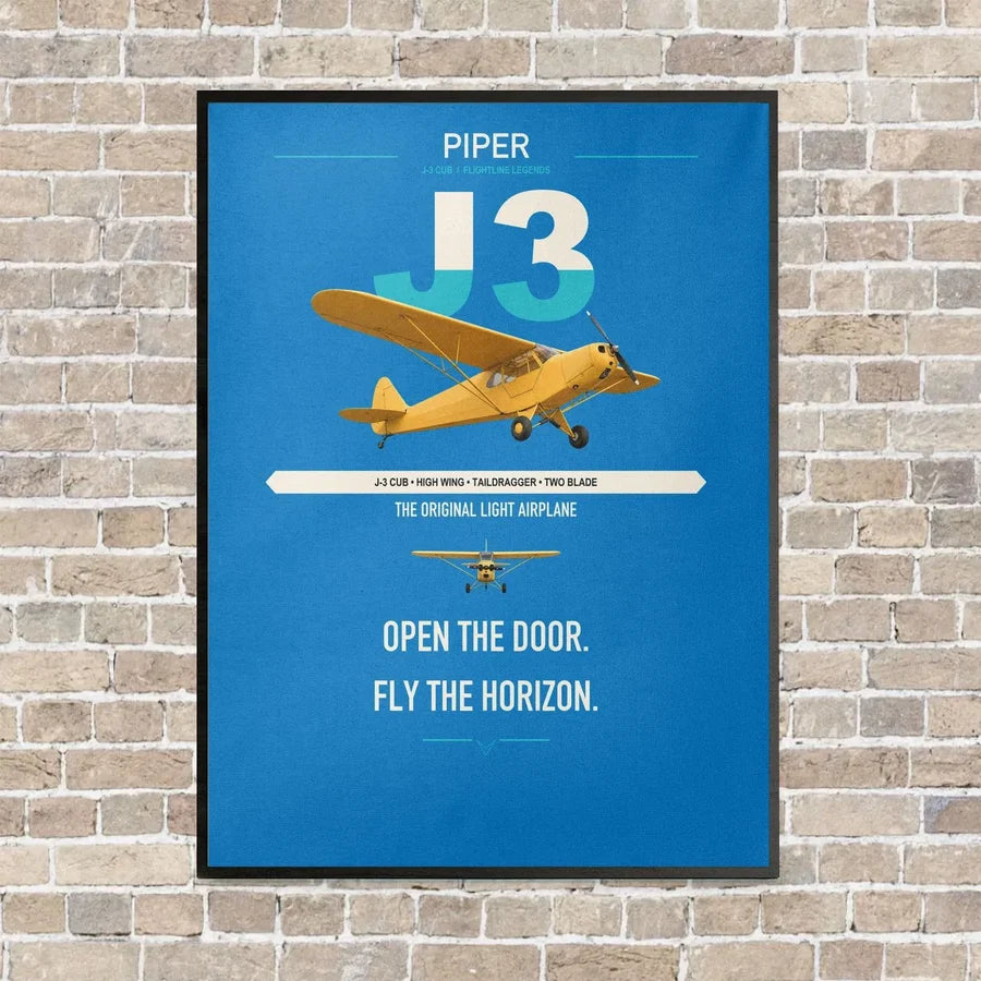 Piper J-3 Cub vertical canvas print - framed - turquoise background