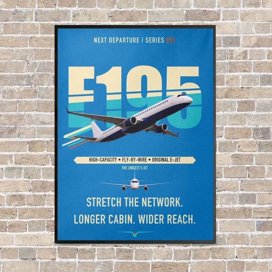 Embraer E195 vertical canvas print - framed - turquoise background
