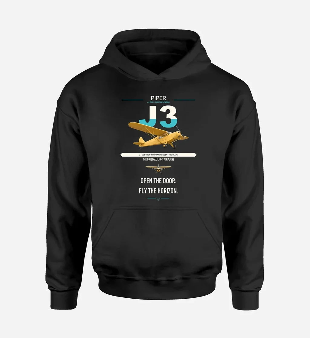 Piper J-3 Cub design on black double-side hoodie, single-side print