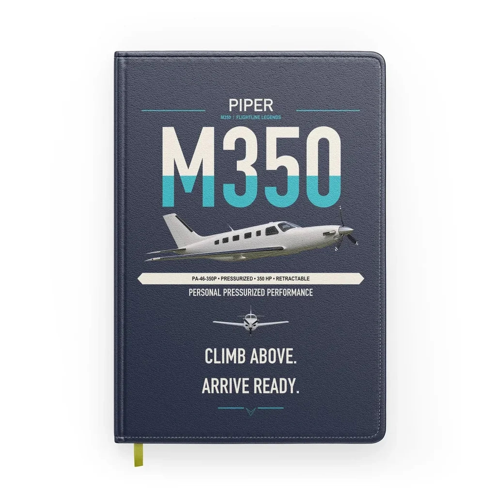 Piper M350 design on navy blue notebook