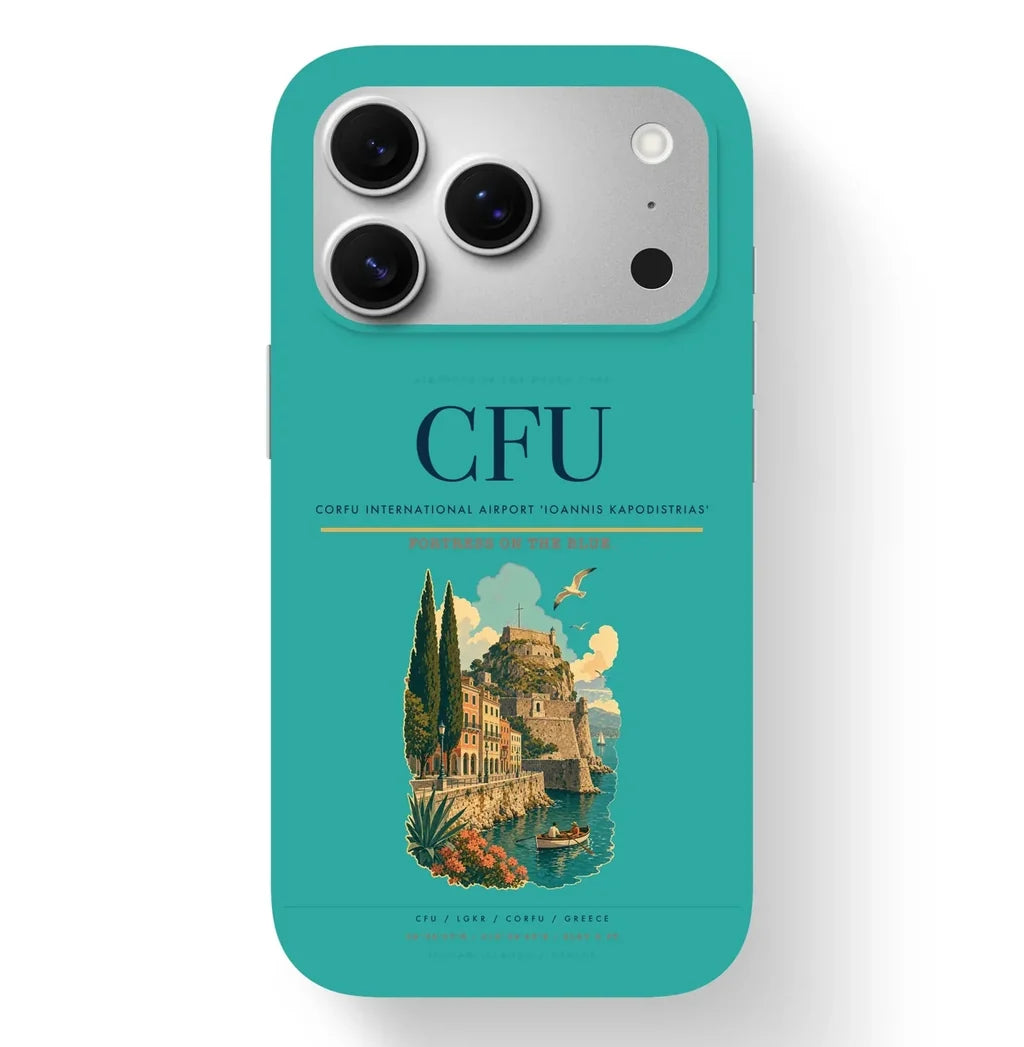 Corfu Airport (CFU) design on turquoise iPhone 17 Pro MagSafe case