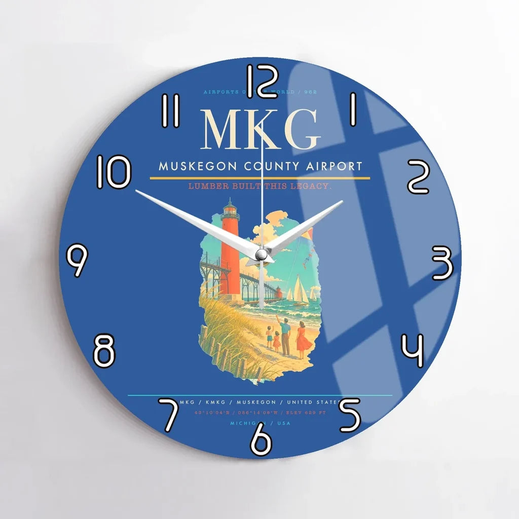 Muskegon County Airport (MKG) design on blue no frame wall clock