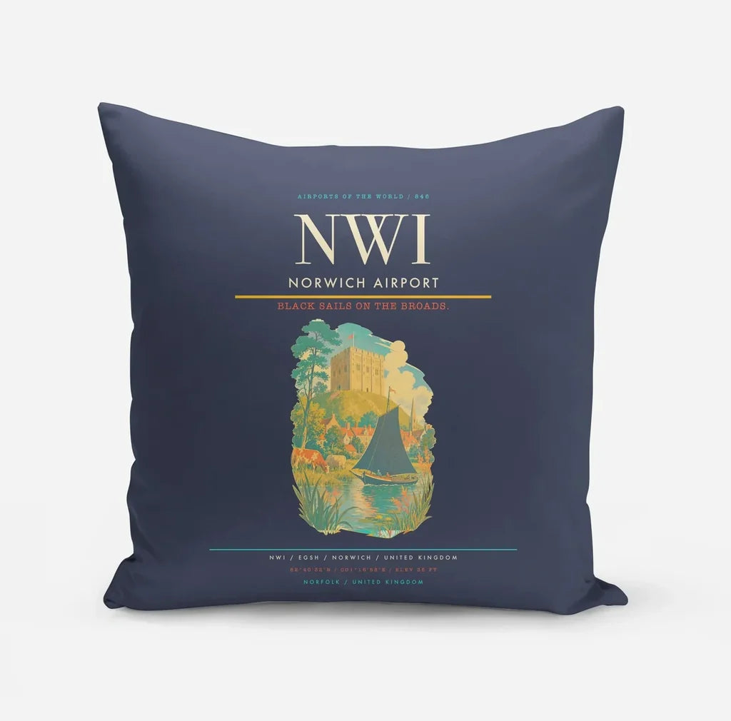 Norwich Airport (NWI) design on navy blue pillow