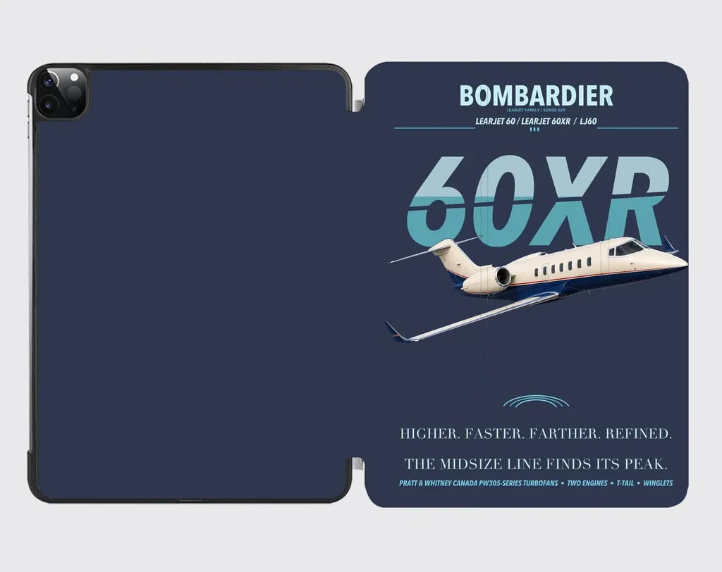Bombardier Learjet 60XR design on navy blue ipad tablet case