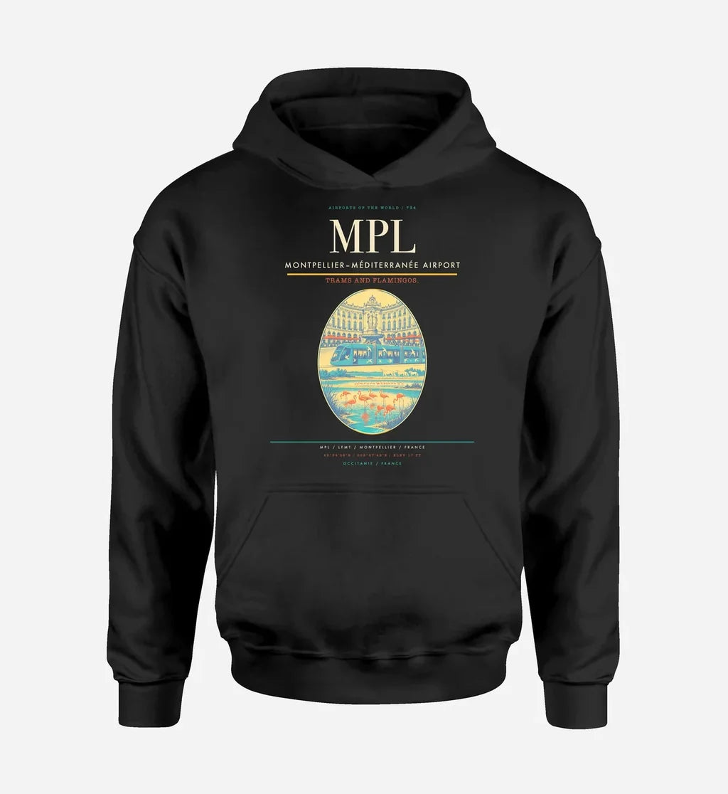 Montpellier–Méditerranée Airport (MPL) design on black hoodie single-side print