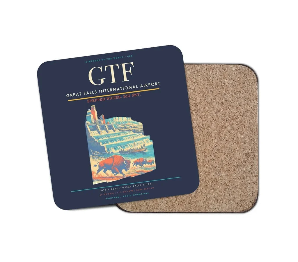 Great Falls International Airport (GTF) design on navy blue 1 piece coaster