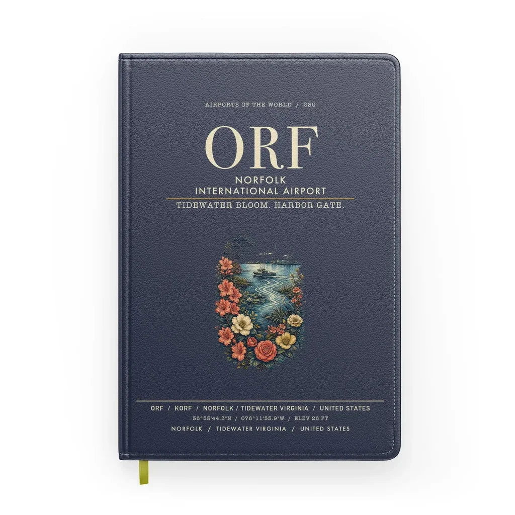 Norfolk International Airport (ORF) design on navy blue notebook