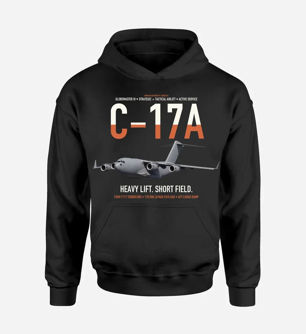 C-17A Globemaster III design on black double-side hoodie, single-side print