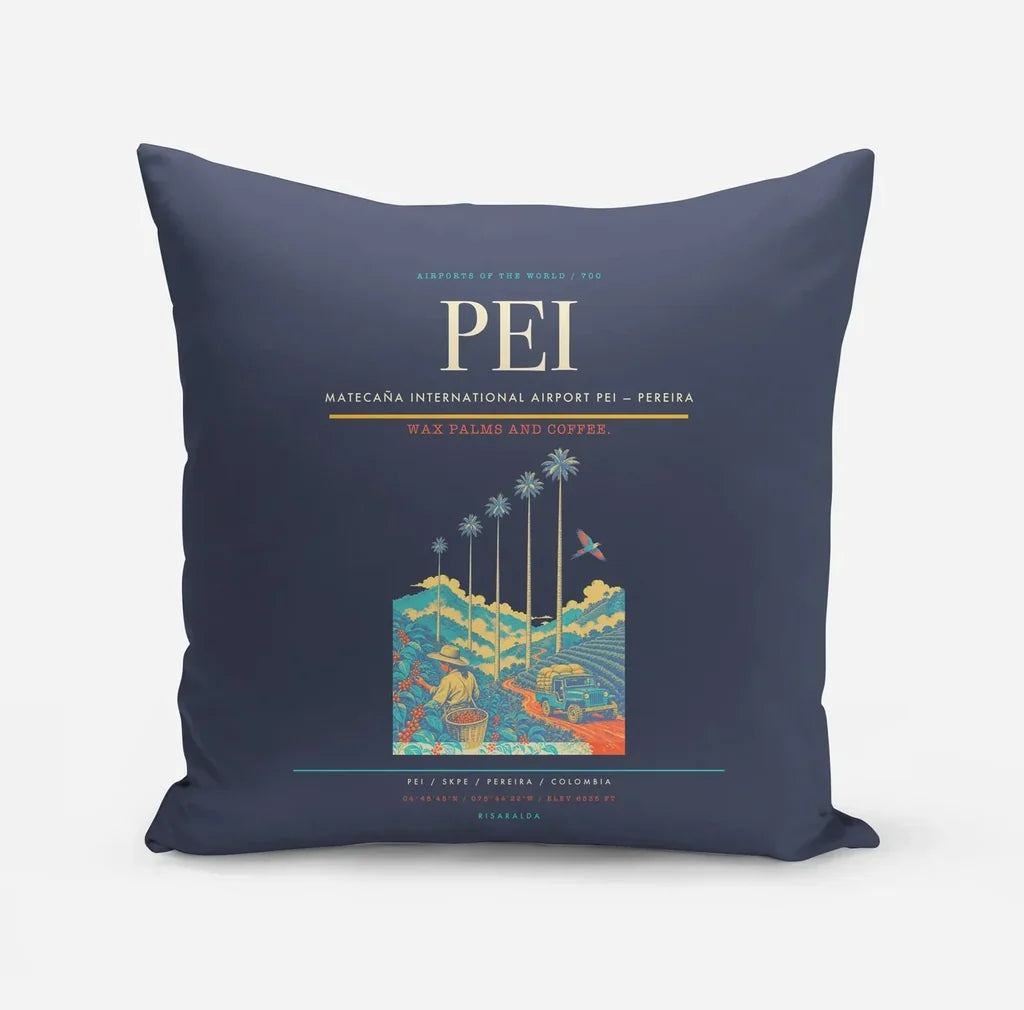 Matecaña International Airport (PEI) design on navy blue pillow