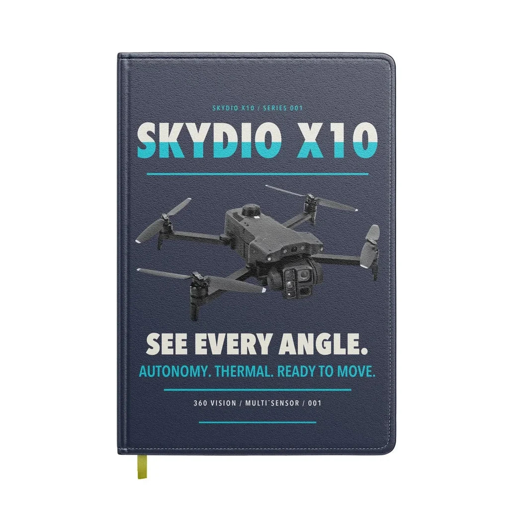 Skydio X10 design on navy blue notebook