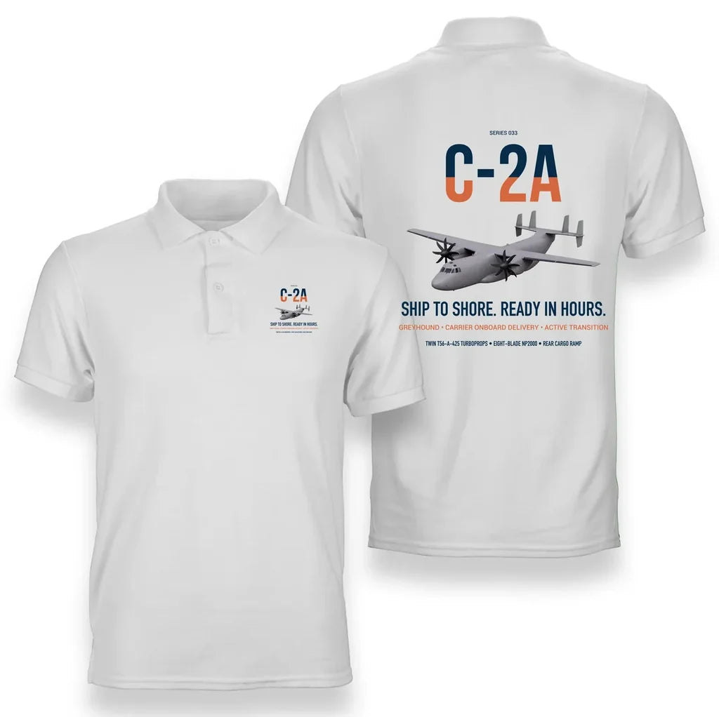 C-2A Greyhound design on white double-side polo t-shirt, double-side print