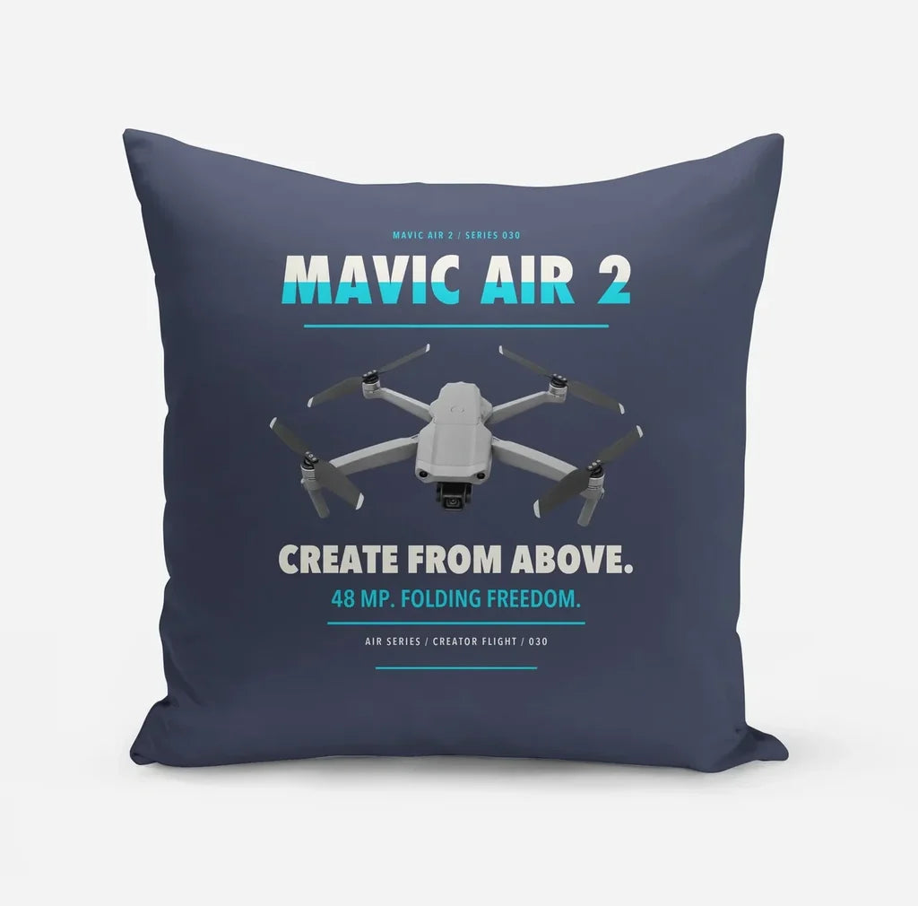 DJI Mavic Air 2 design on navy blue pillow