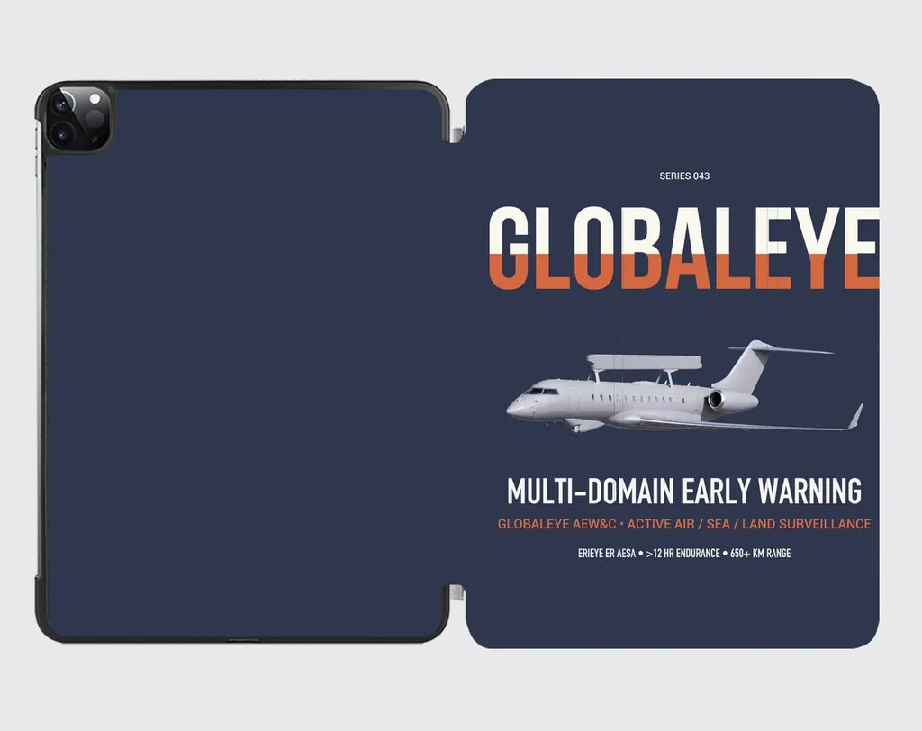 Saab GlobalEye design on navy blue ipad tablet case
