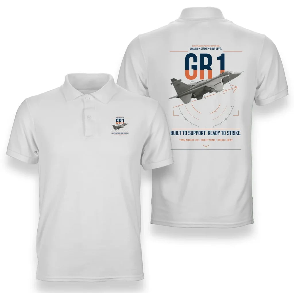SEPECAT Jaguar GR1 design on white double-side polo t-shirt, double-side print