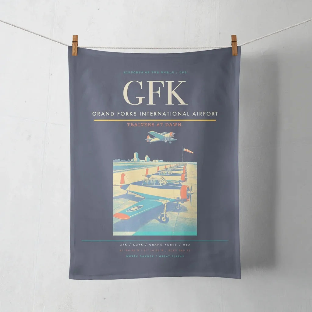 Grand Forks International Airport (GFK) design on navy blue towel