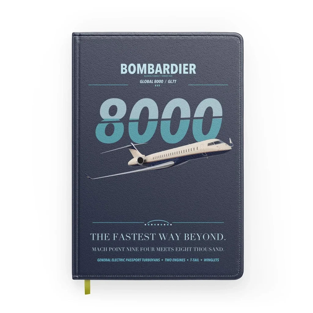 Bombardier Global 8000 design on navy blue notebook