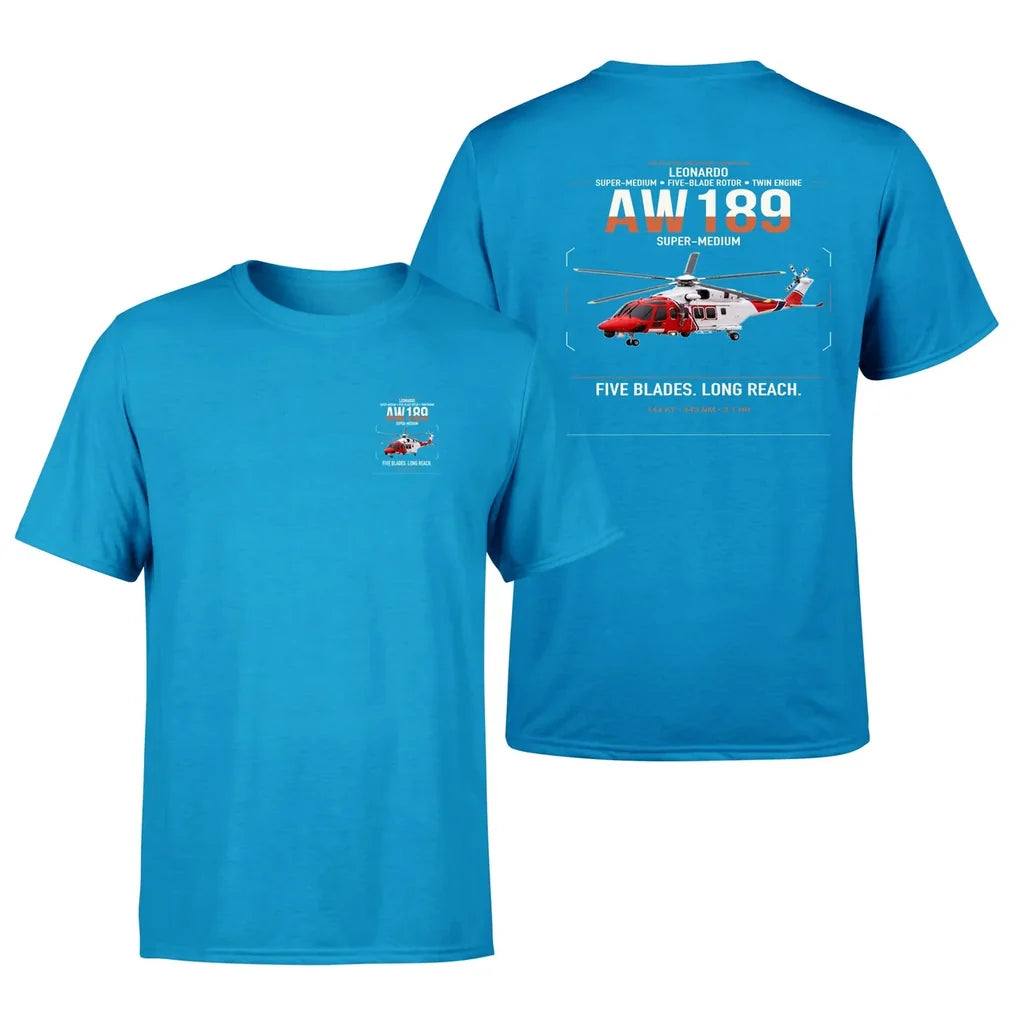 Leonardo AW189 design on turquoise t-shirt, double-side print