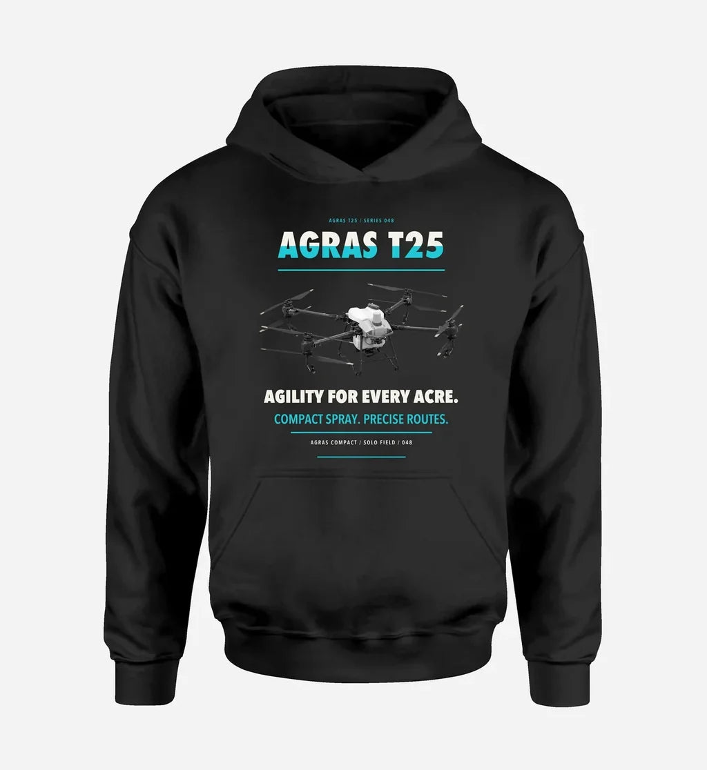 DJI Agras T25 design on black hoodie single side