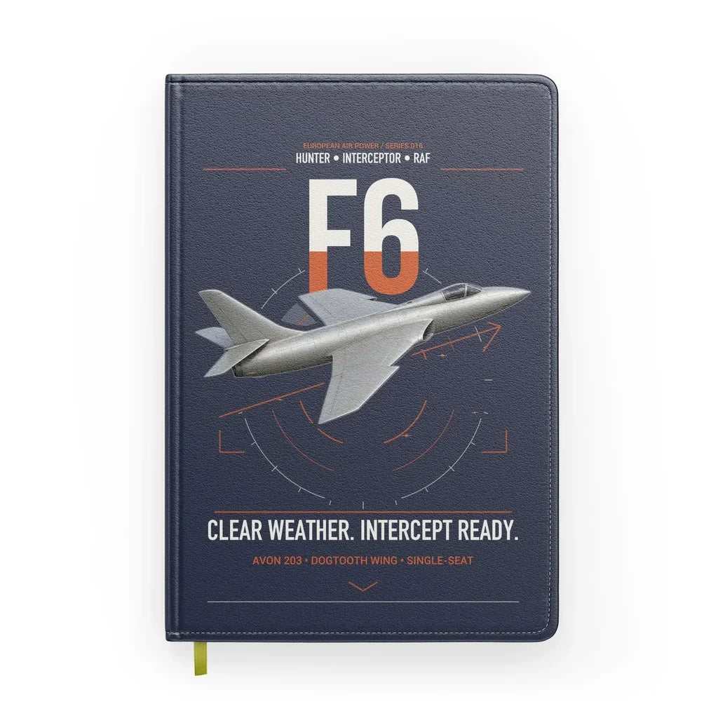 Hawker Hunter F6 design on navy blue notebook