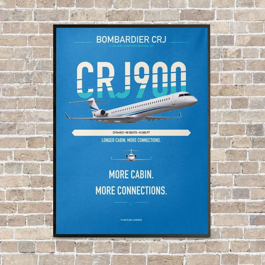 Bombardier CRJ900 vertical canvas print - framed - turquoise background