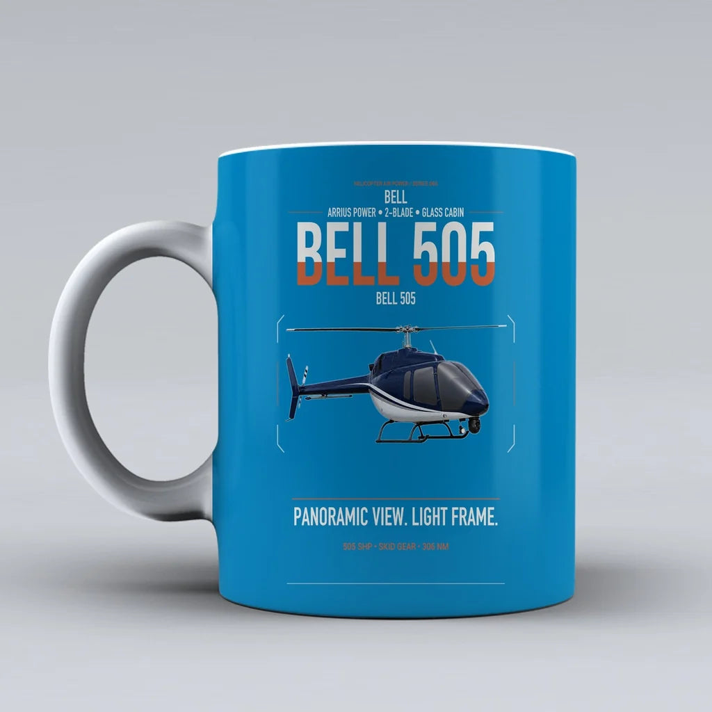 Bell 505 design on turquoise ceramic mug, double-side print