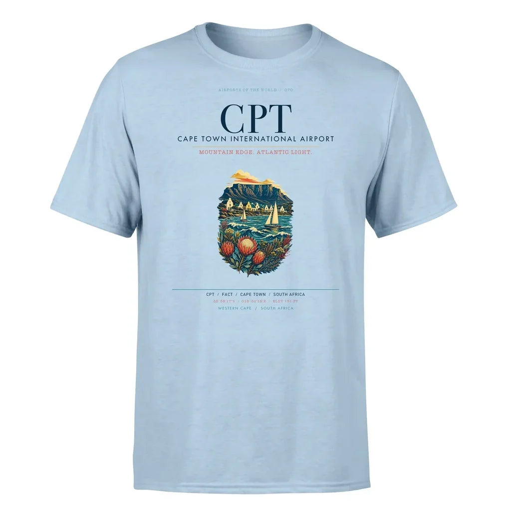 Cape Town Airport (CPT) T-Shirt single-side front print in Light Blue | cape-town-cpt-airport-double-side-t-shirt