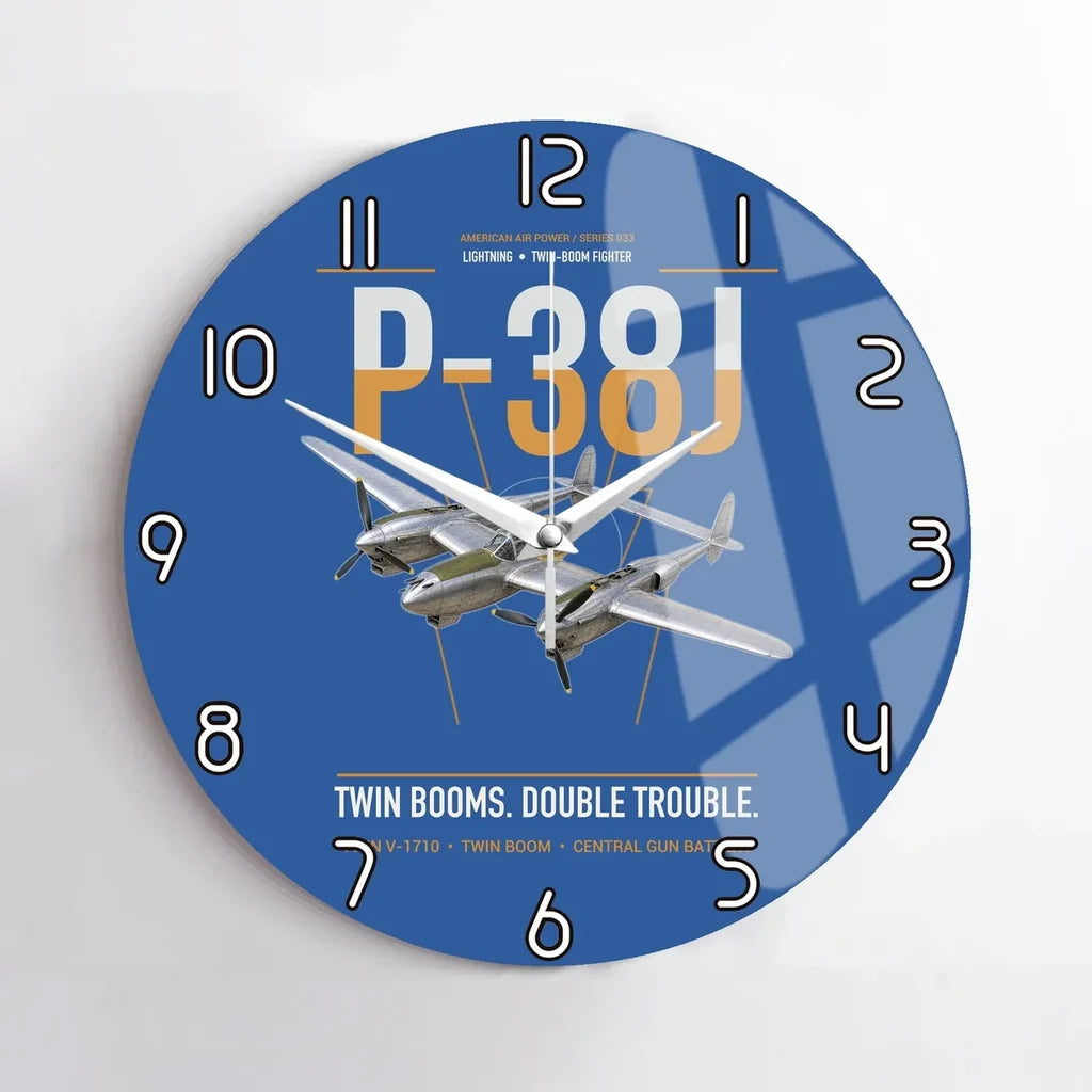 P-38J Lightning design on blue no frame wall clock