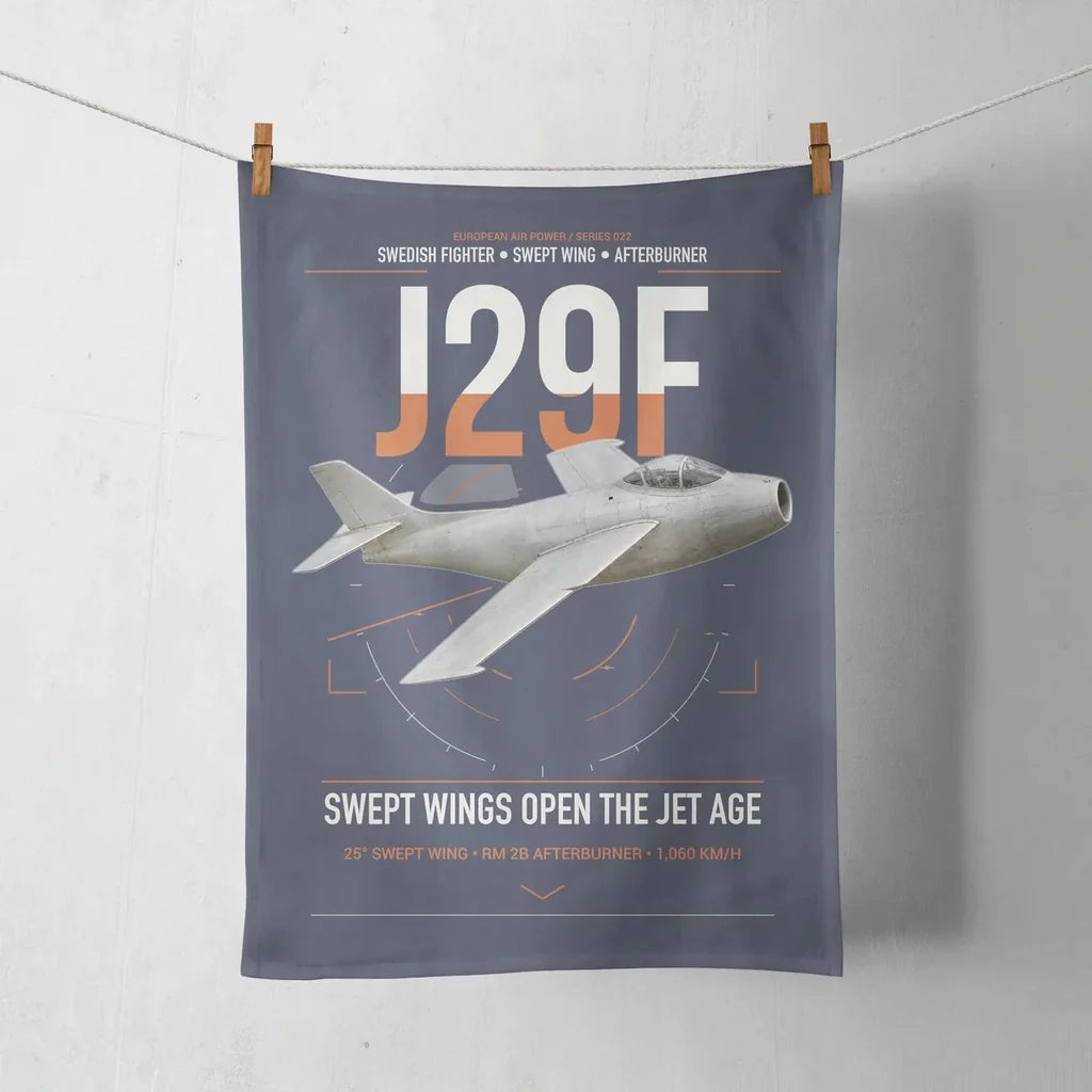 Saab J 29F Tunnan design on navy blue towel