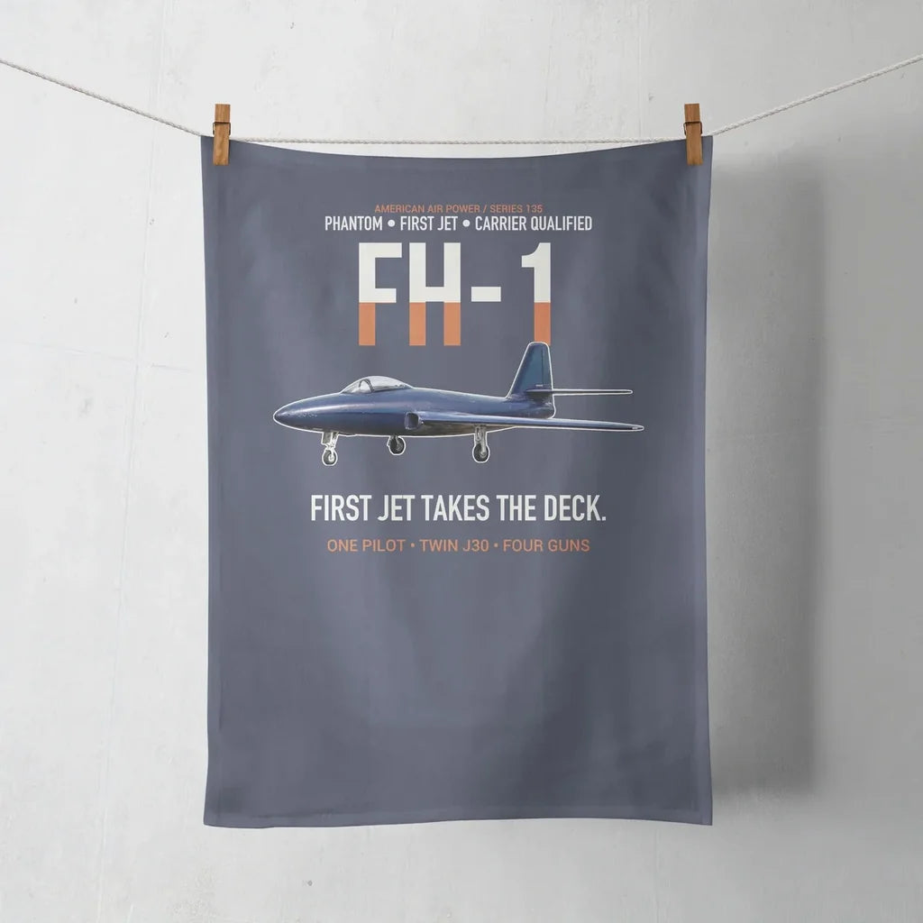 FH-1 Phantom First Jet Takes the Deck design on navy blue towel
