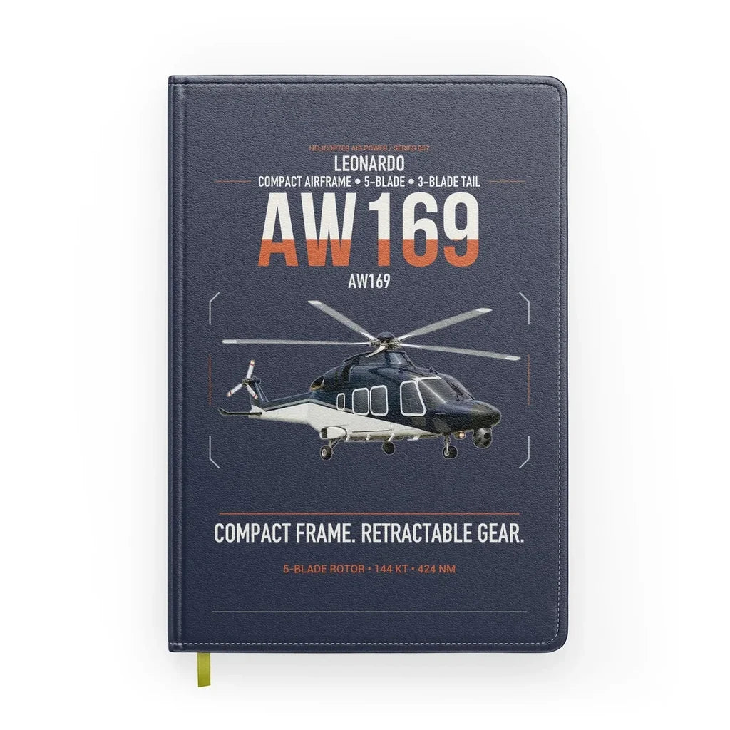 Leonardo AW169 design on navy blue notebook