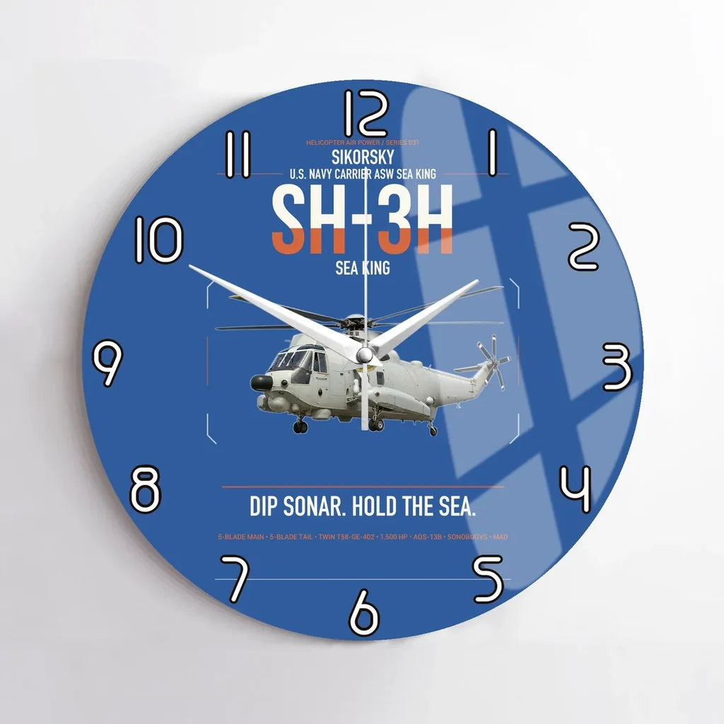 Sikorsky SH-3H Sea King design on blue no frame wall clock