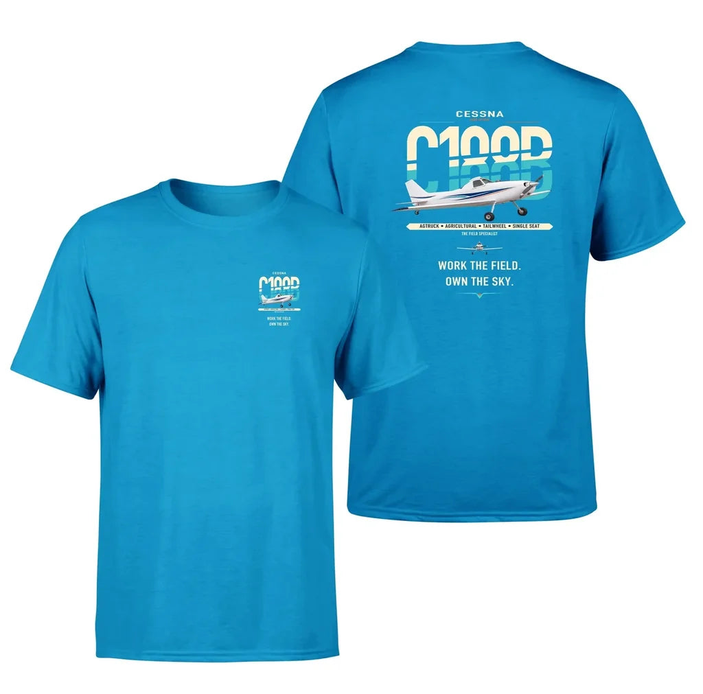 Cessna A188B AgTruck design on turquoise t-shirt, double-side print