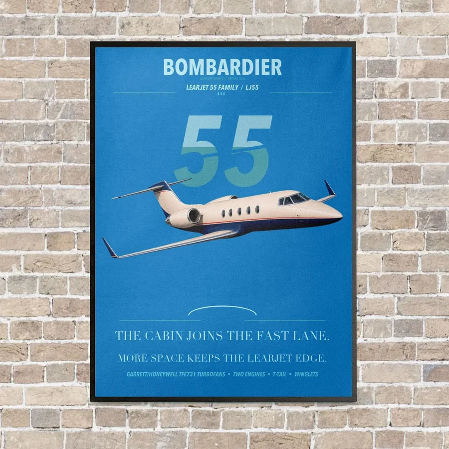 Bombardier Learjet 55 vertical canvas print - framed - turquoise background