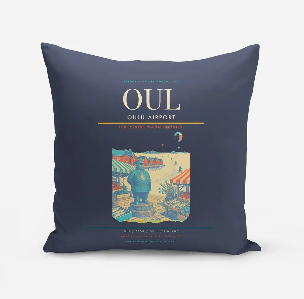 Oulu Airport (OUL) design on navy blue pillow