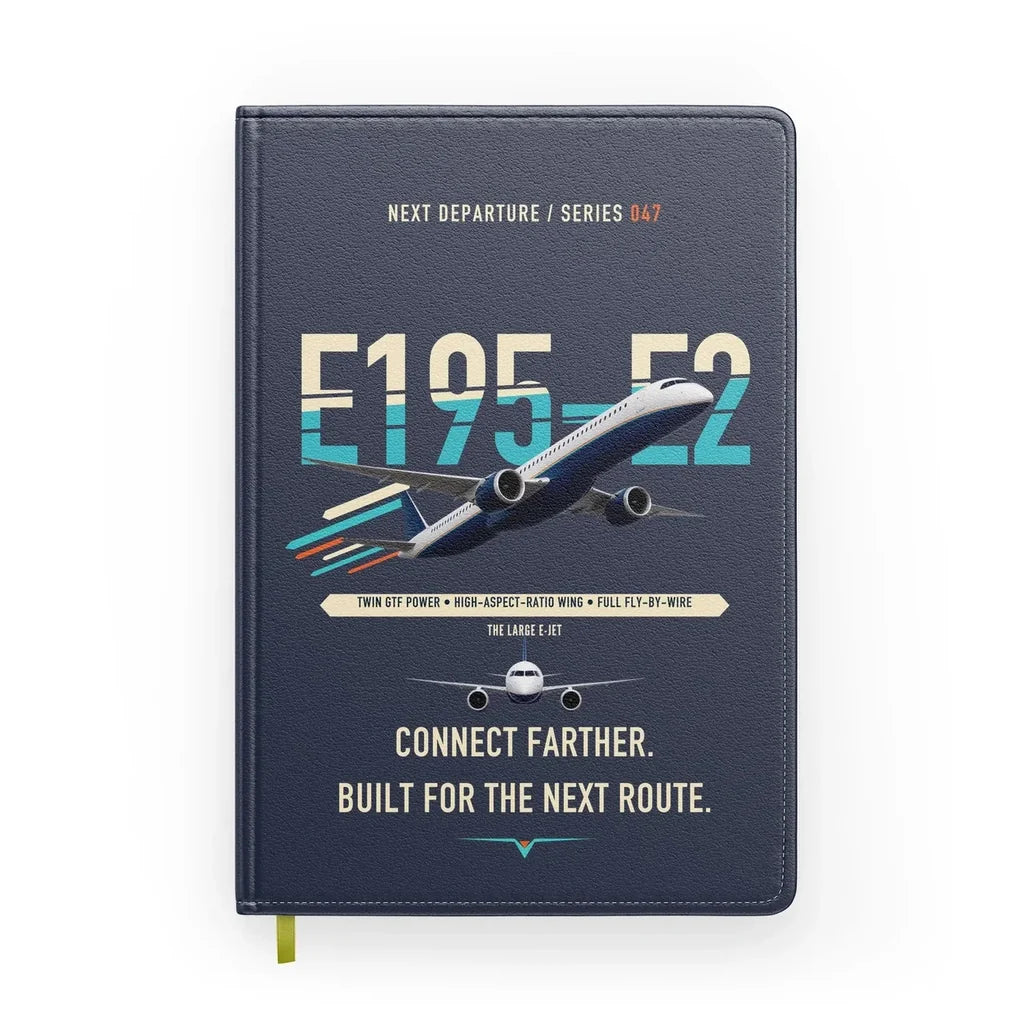 Embraer E195-E2 design on navy blue notebook