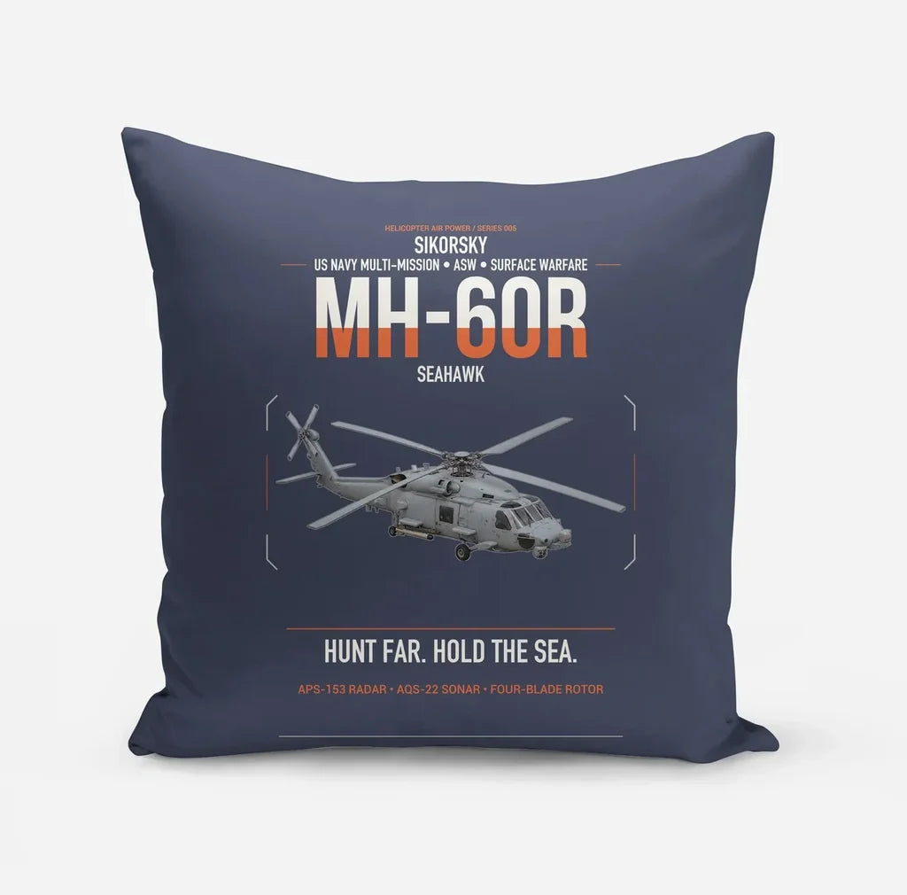 Sikorsky MH-60R Seahawk design on navy blue pillow
