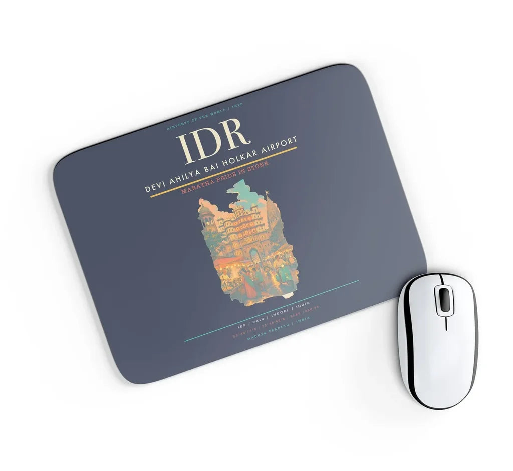 Devi Ahilya Bai Holkar Airport (IDR) design on navy blue rectangle mouse pad
