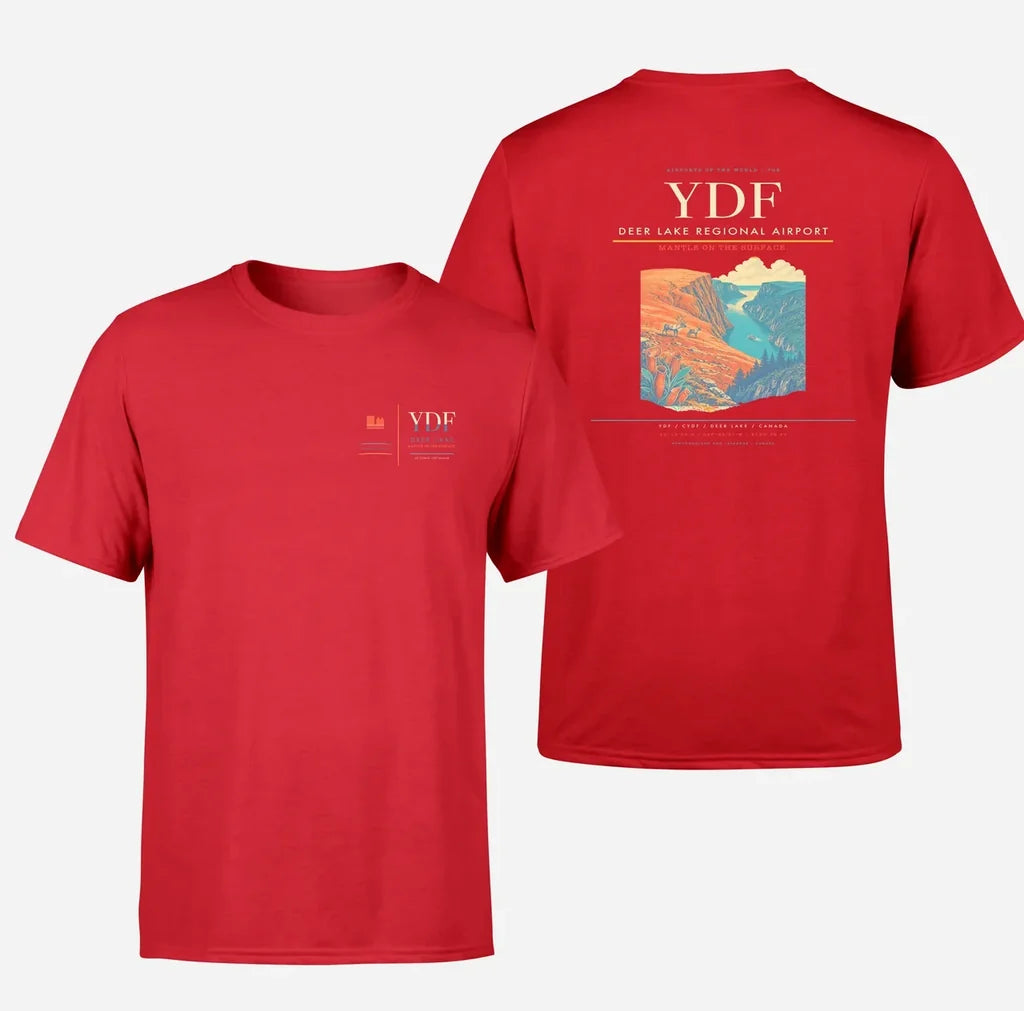 Deer Lake Regional Airport (YDF) design printed on red double-side t-shirt