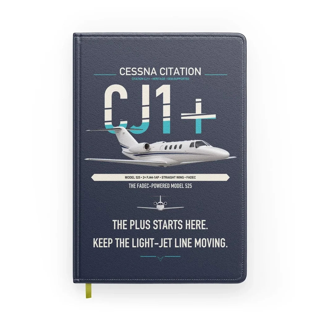 Cessna Citation CJ1+ design on navy blue notebook