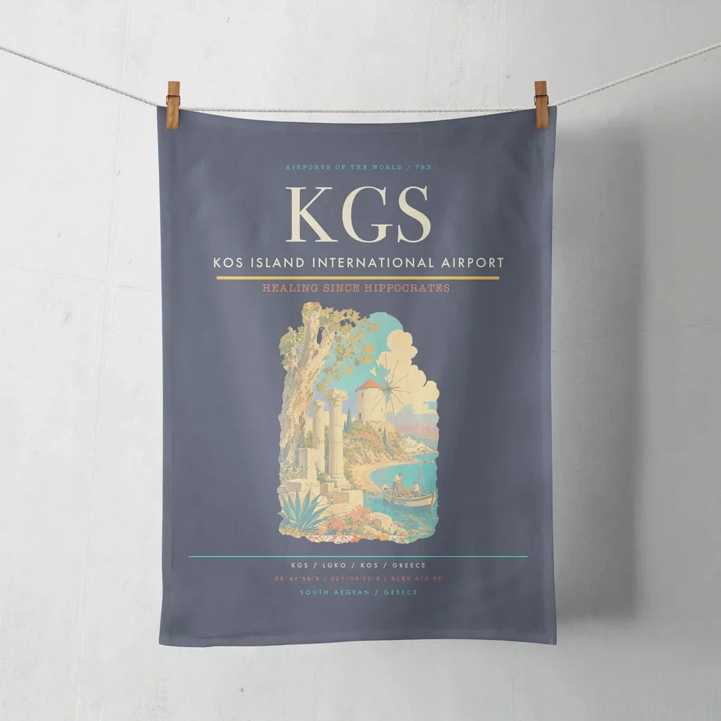 Kos Island International Airport (KGS) design on navy blue towel