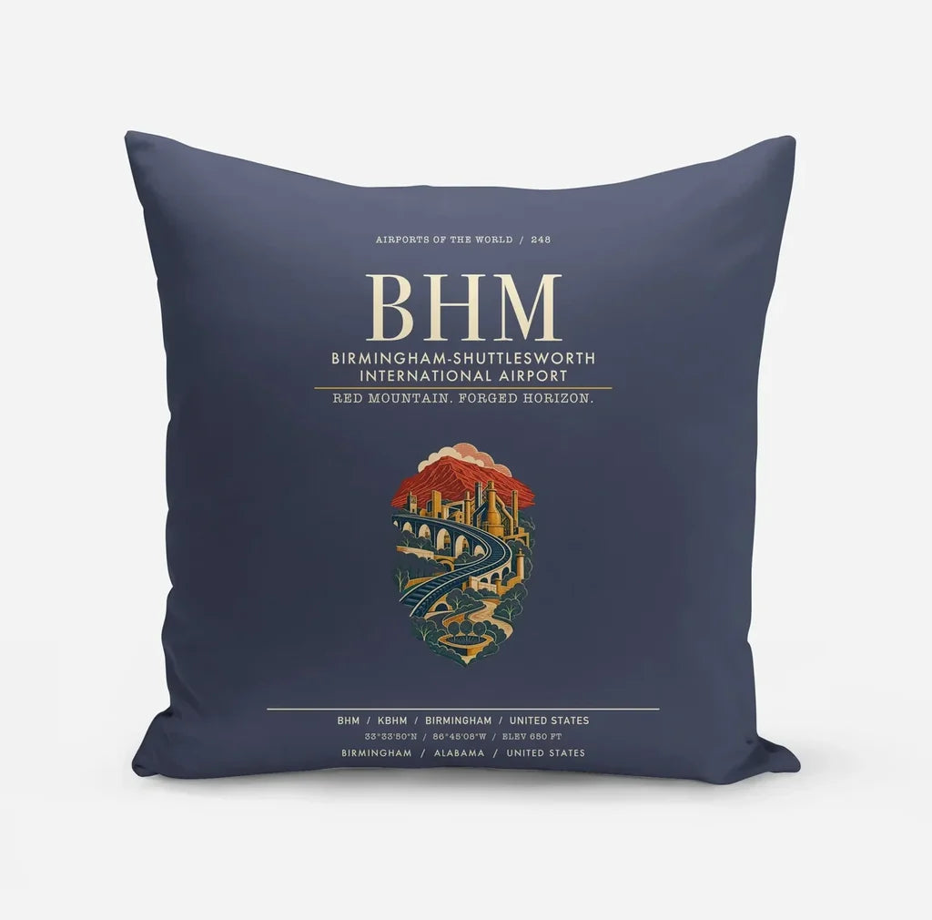 Birmingham-Shuttlesworth International Airport (BHM) design on navy blue pillow