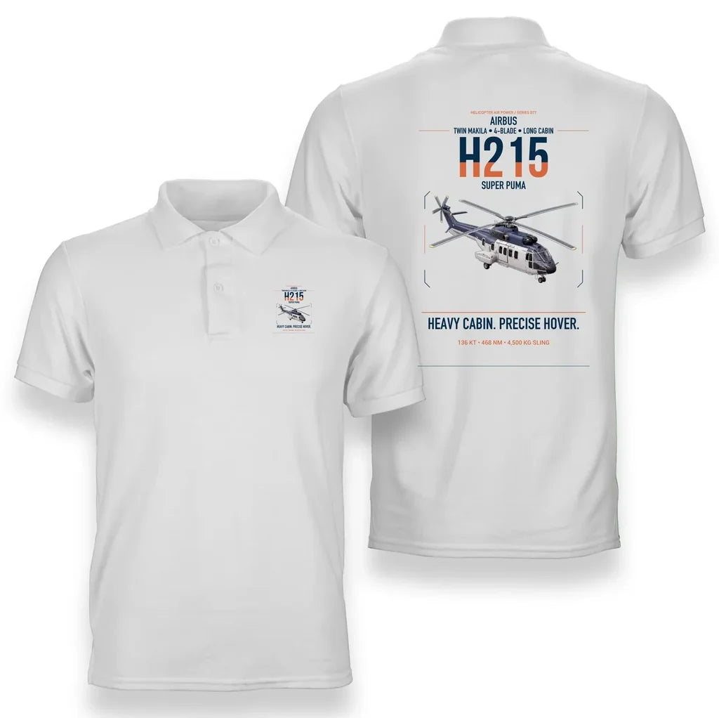 Airbus H215 design on white double-side polo t-shirt, double-side print