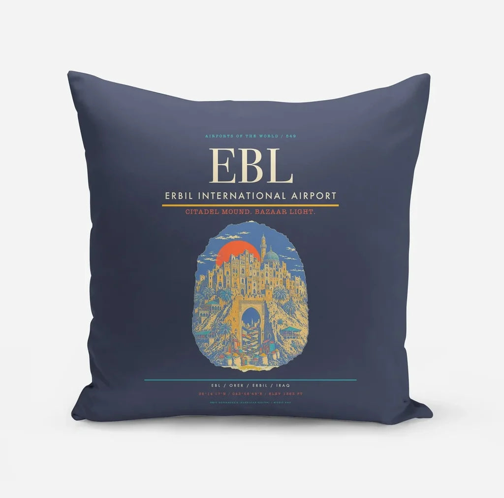 Erbil International Airport (EBL) design on navy blue pillow