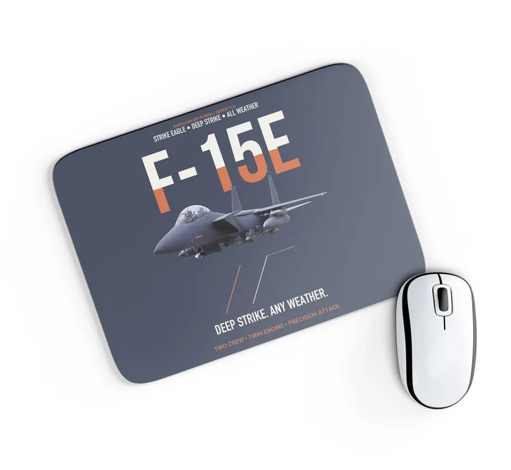 F-15E Strike Eagle Deep Strike Any Weather design on navy blue rectangle mouse pad