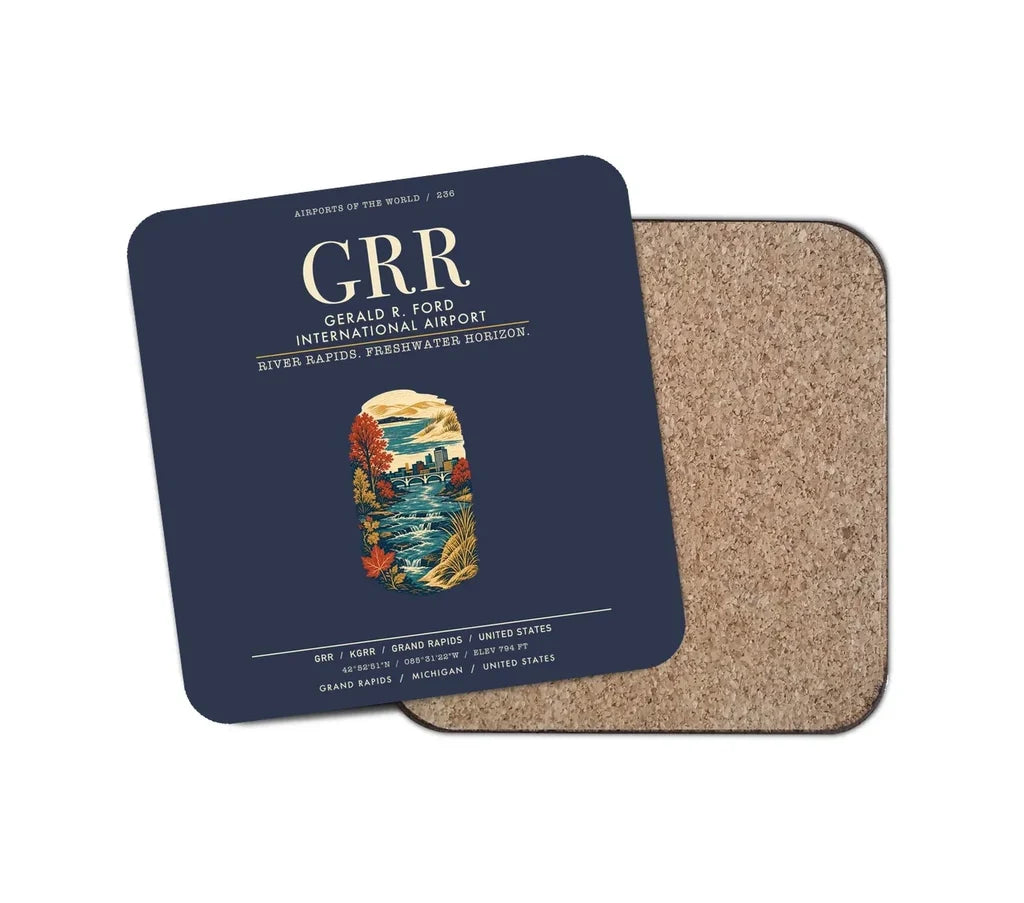 Gerald R. Ford International Airport Grand Rapids (GRR) design on navy blue 1 piece coaster