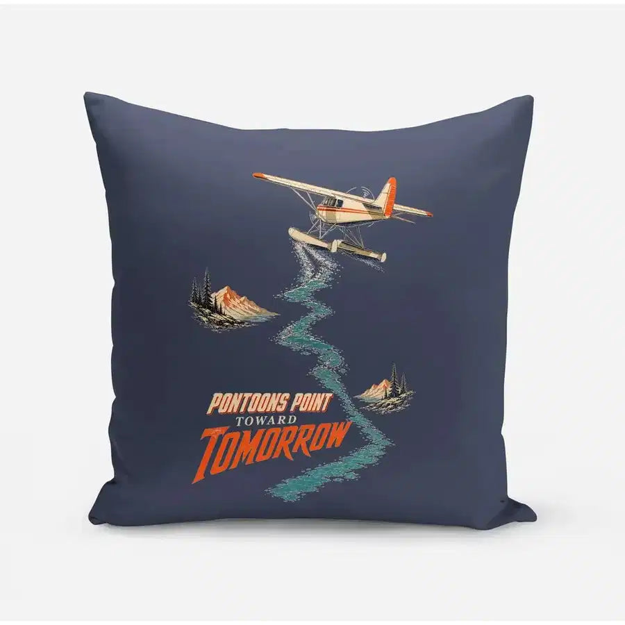Pontoons Point Toward Tomorrow design on navy blue pillow