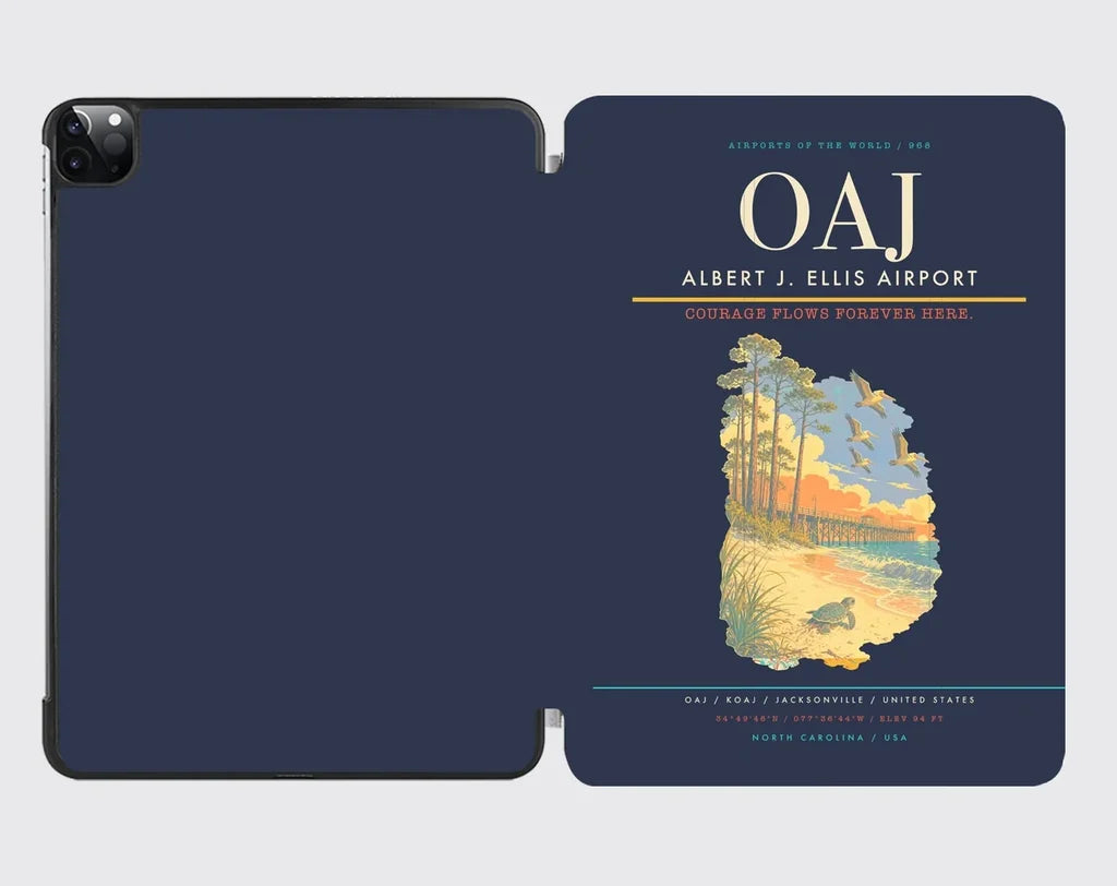 Albert J. Ellis Airport (OAJ) design on navy blue ipad tablet case